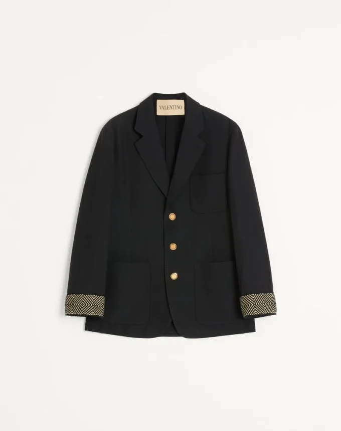 Veste simple boutonnage en laine et coton avec bordures jacquard Veste simple boutonnage en laine et coton avec bordures jacquard