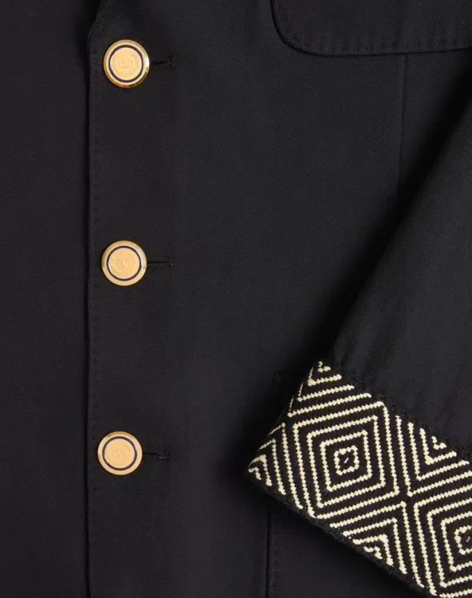 Veste simple boutonnage en laine et coton avec bordures jacquard Veste simple boutonnage en laine et coton avec bordures jacquard