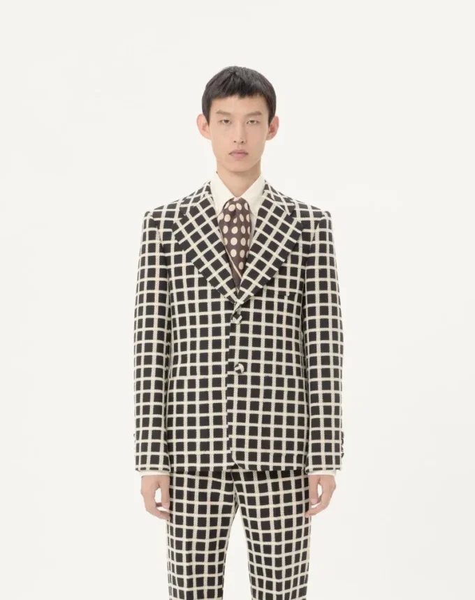 Veste simple boutonnage en laine mélangée à motif à carreaux Veste simple boutonnage en laine mélangée à motif à carreaux