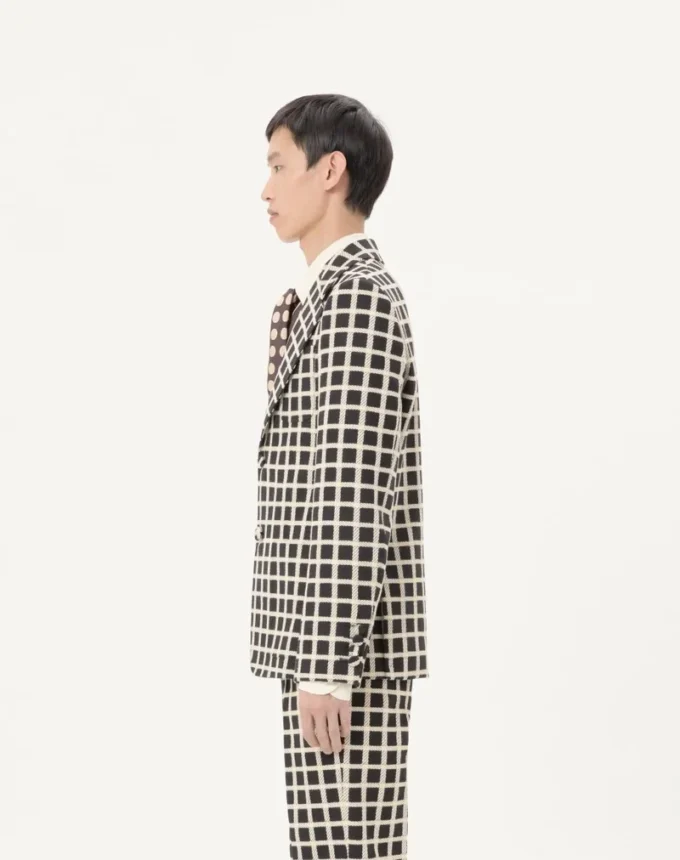 Veste simple boutonnage en laine mélangée à motif à carreaux Veste simple boutonnage en laine mélangée à motif à carreaux
