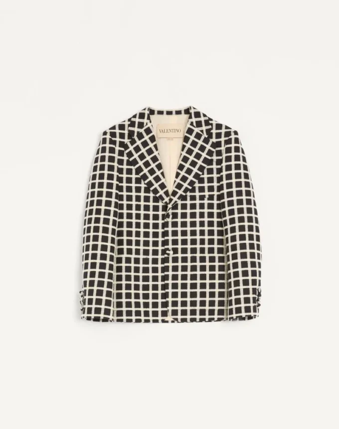 Veste simple boutonnage en laine mélangée à motif à carreaux Veste simple boutonnage en laine mélangée à motif à carreaux
